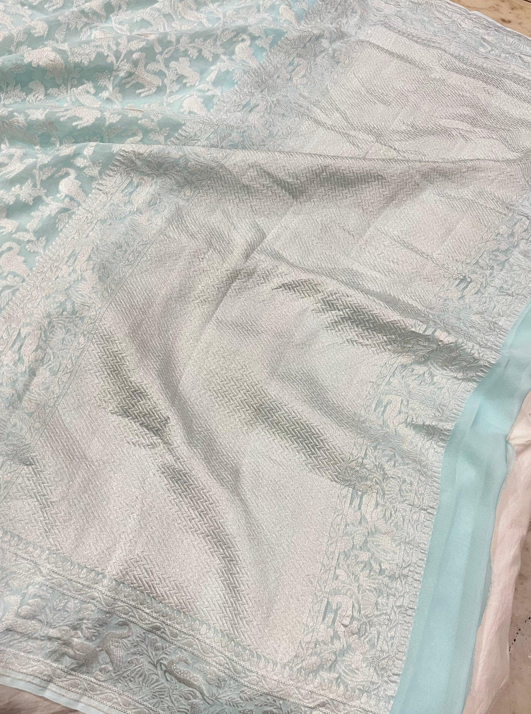 Water Blue Khaddi Georgette Banarasi Handloom Saree - Aura Benaras