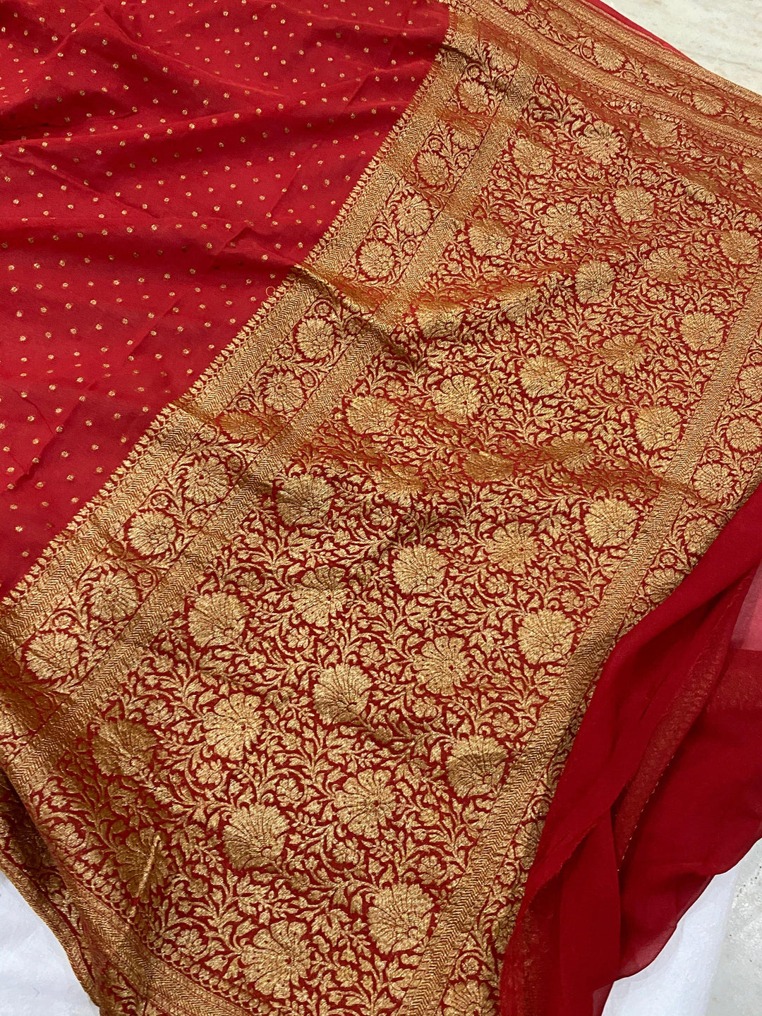 Red Banarasi Handloom Pure Georgette Silk Saree - Aura Benaras