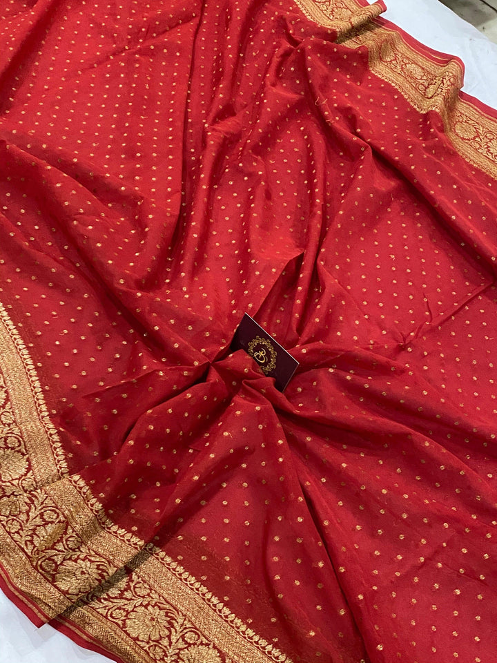 Red Banarasi Handloom Pure Georgette Silk Saree - Aura Benaras