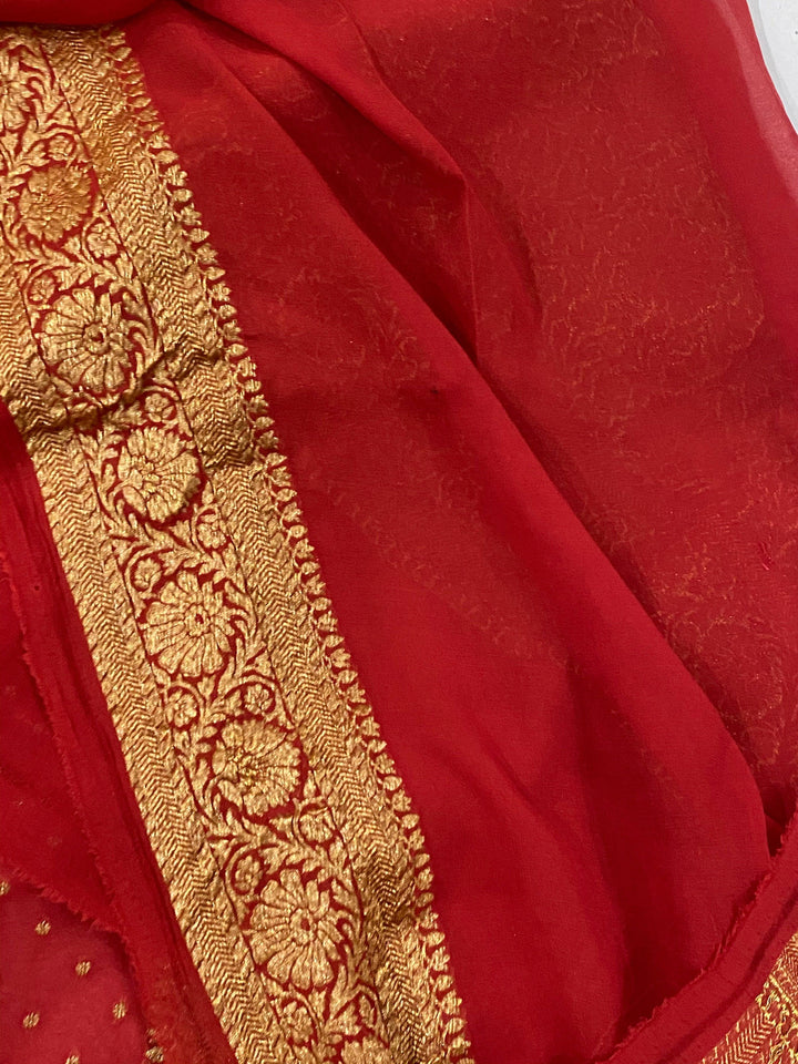 Red Banarasi Handloom Pure Georgette Silk Saree - Aura Benaras