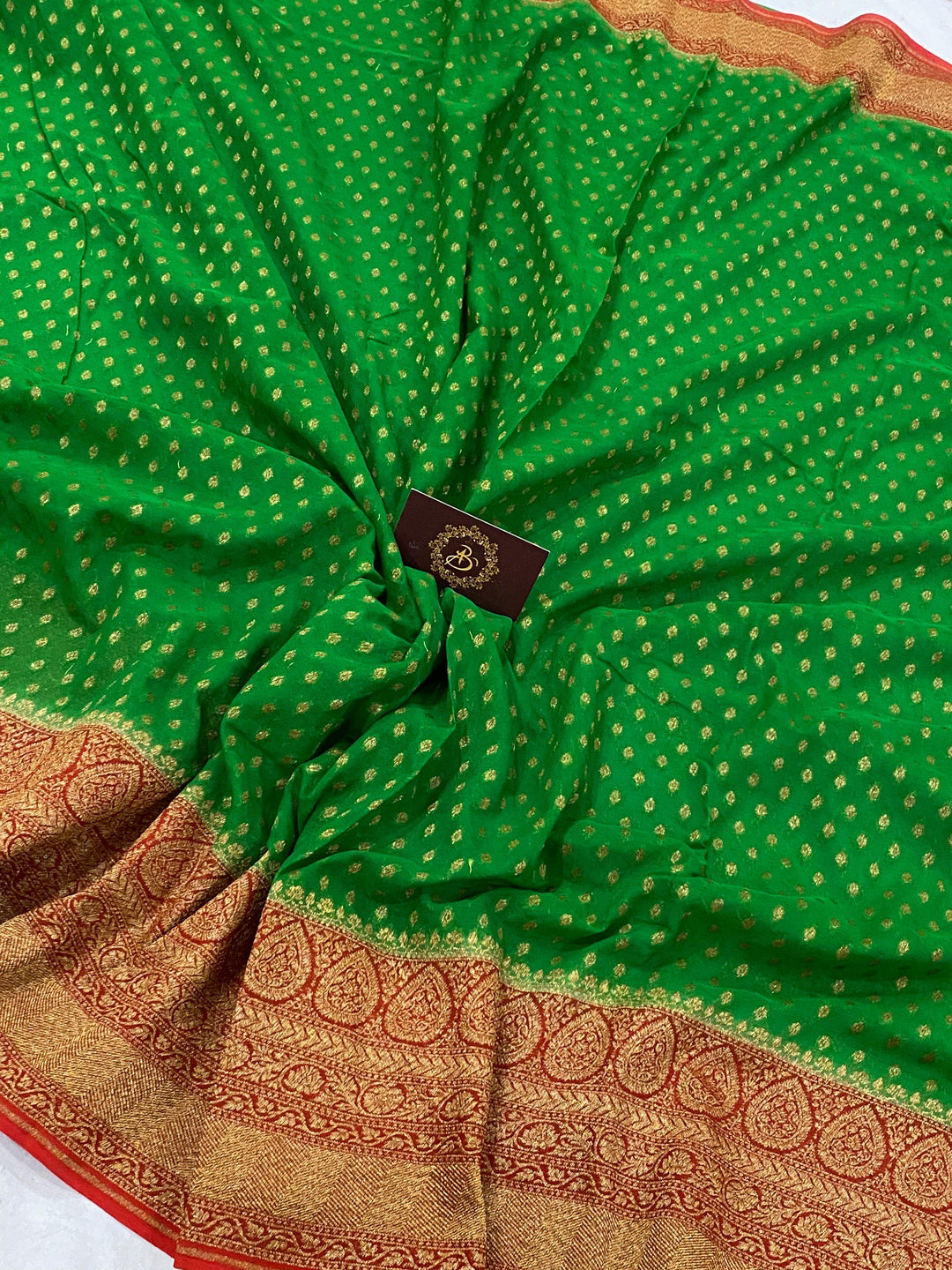 GREEN BANARASI HANDLOOM PURE KHADDI GEORGETTE SAREE - Aura Benaras