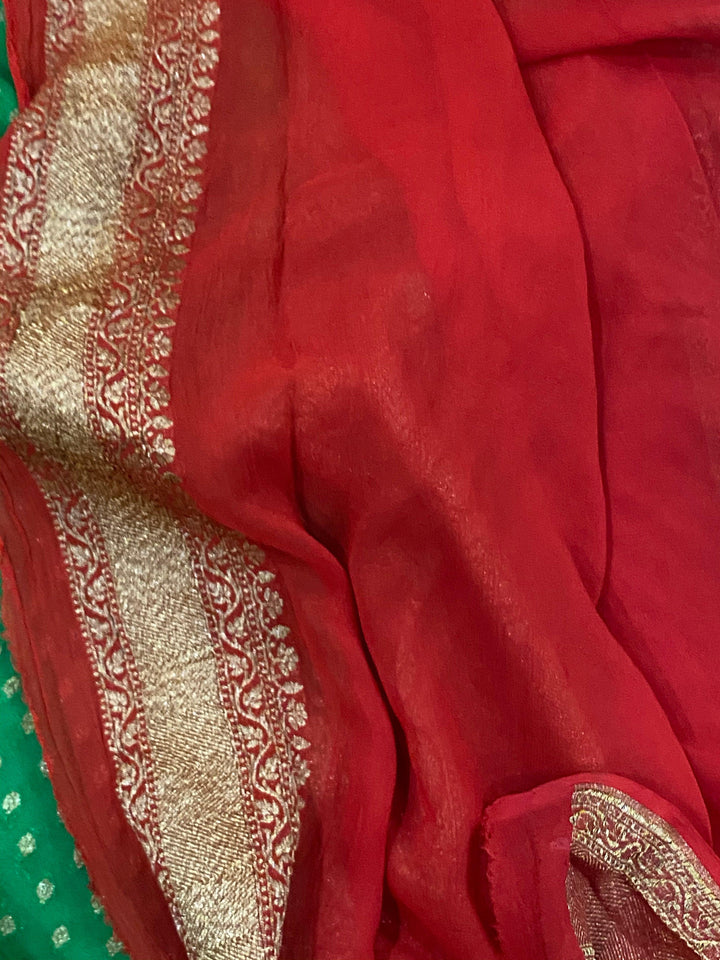 GREEN BANARASI HANDLOOM PURE KHADDI GEORGETTE SAREE - Aura Benaras