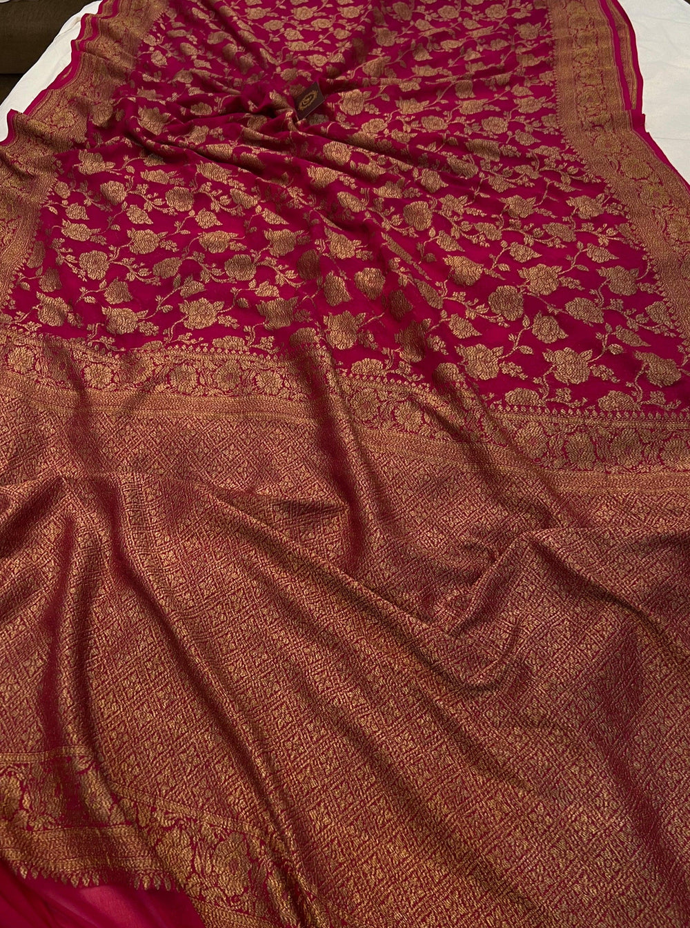 Rani Pink Khaddi Georgette Banarasi Handloom Saree - Aura Benaras