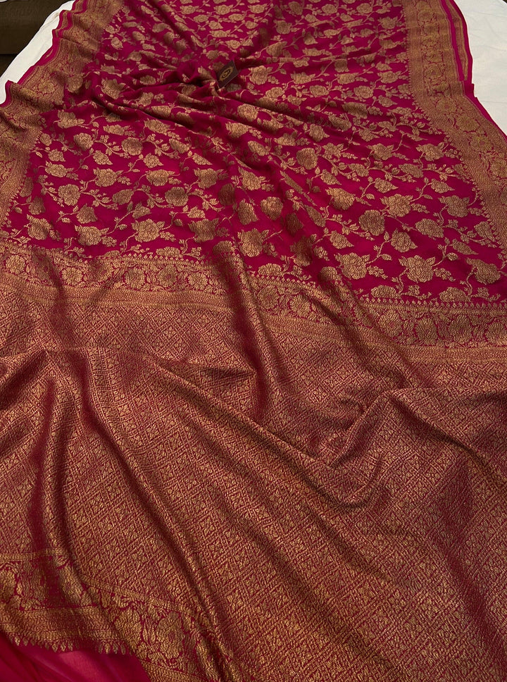 Rani Pink Khaddi Georgette Banarasi Handloom Saree - Aura Benaras
