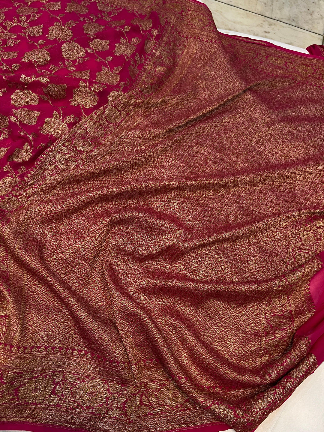 Rani Pink Khaddi Georgette Banarasi Handloom Saree - Aura Benaras