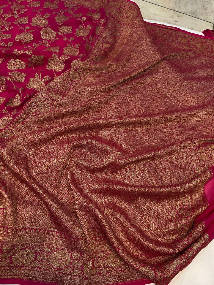 Rani Pink Khaddi Georgette Banarasi Handloom Saree - Aura Benaras
