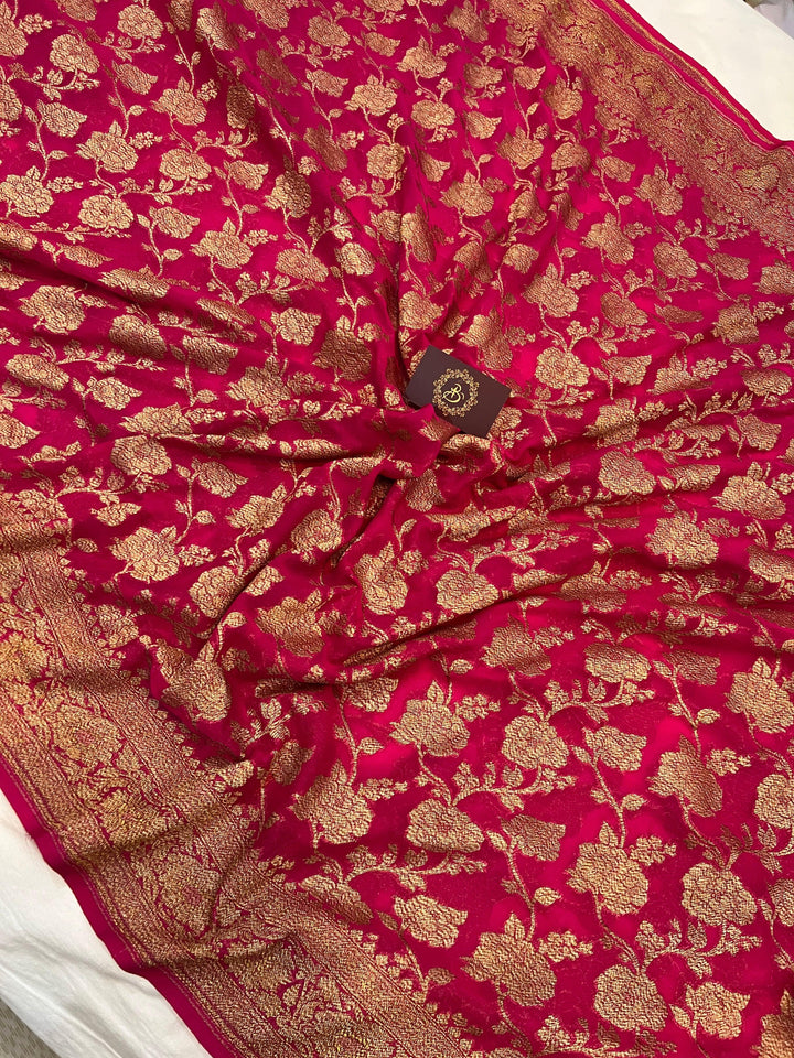 Rani Pink Khaddi Georgette Banarasi Handloom Saree - Aura Benaras