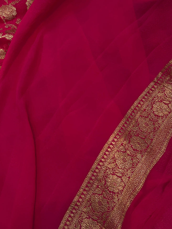 Rani Pink Khaddi Georgette Banarasi Handloom Saree - Aura Benaras