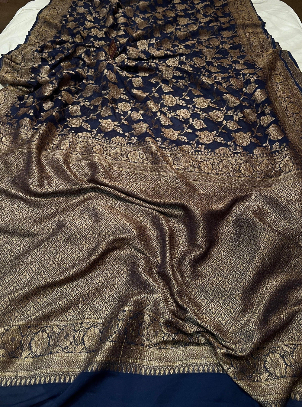 Navy Blue Khaddi Georgette Banarasi Handloom Saree - Aura Benaras