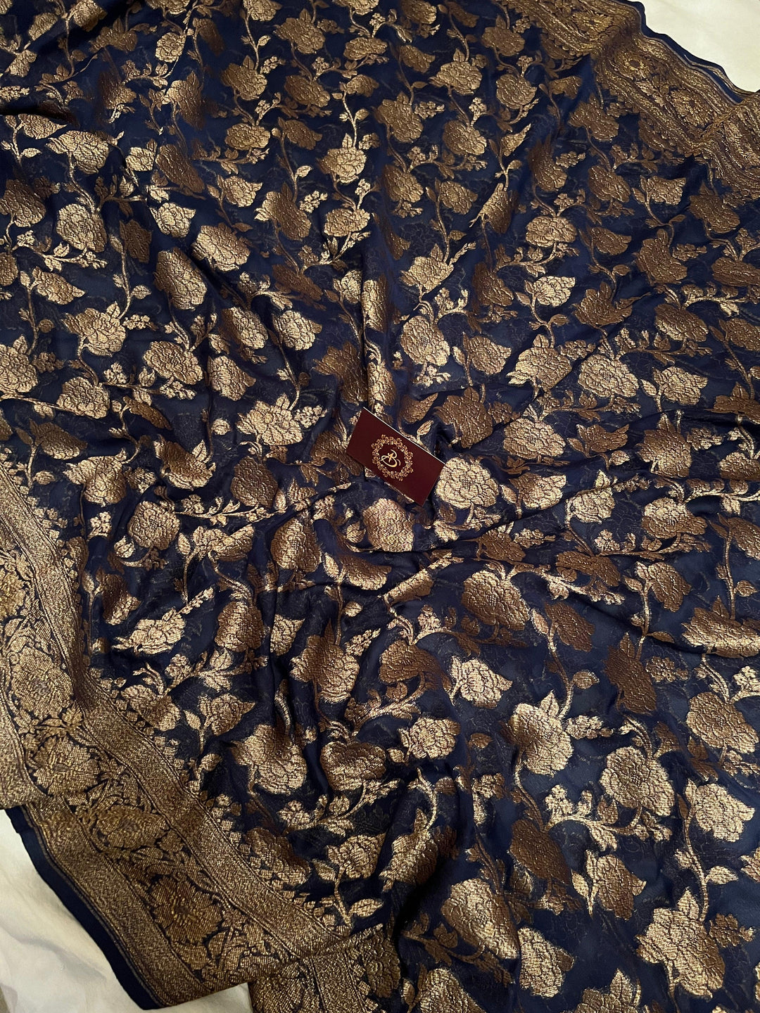 Navy Blue Khaddi Georgette Banarasi Handloom Saree - Aura Benaras