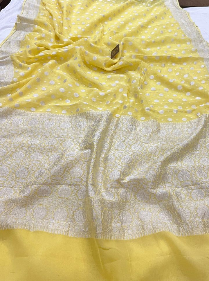 English Yellow Pure Banarasi Khaddi Georgette Saree - Aura Benaras