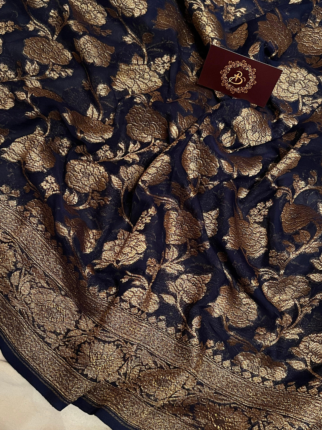 Navy Blue Khaddi Georgette Banarasi Handloom Saree - Aura Benaras