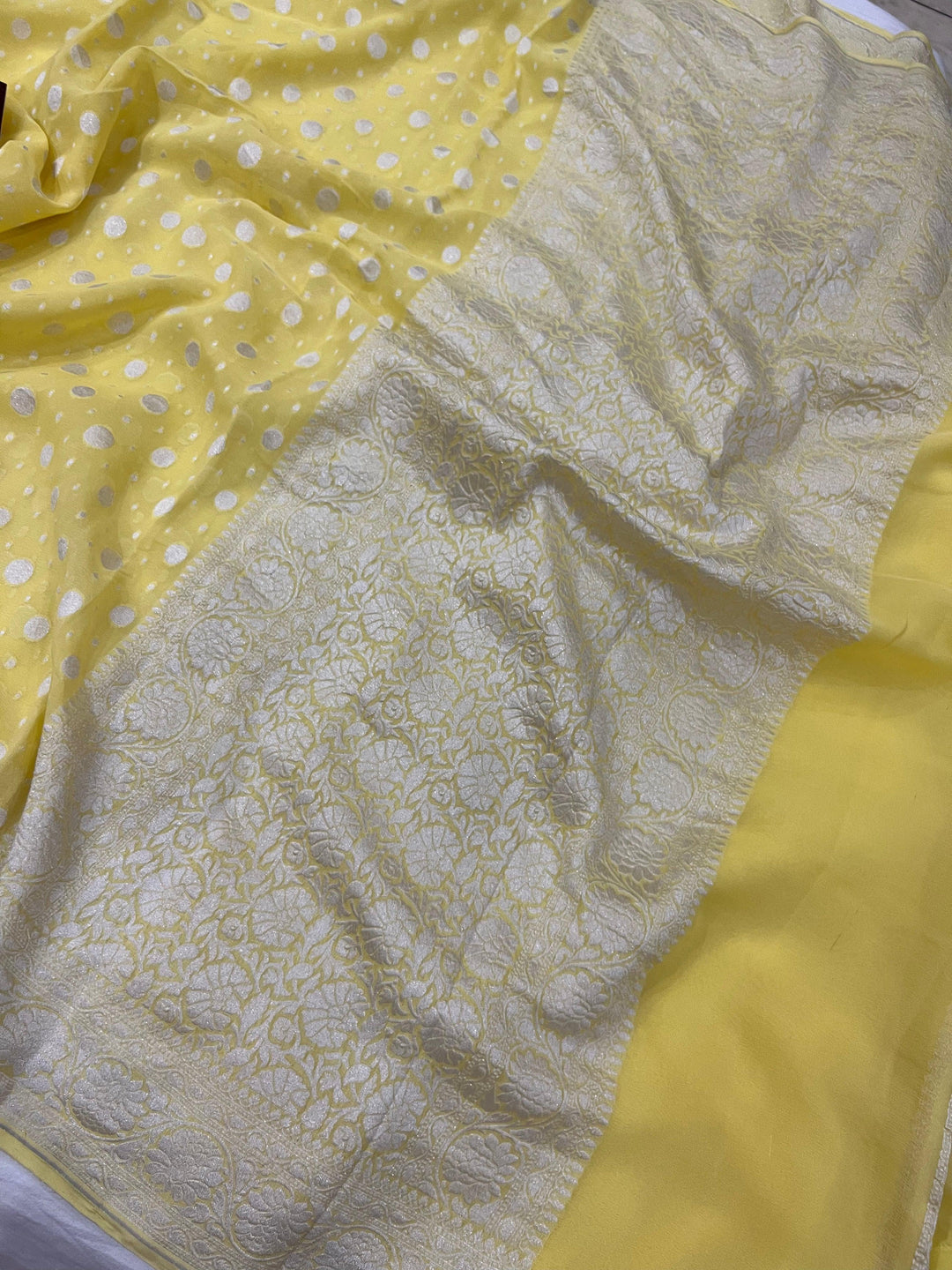 English Yellow Pure Banarasi Khaddi Georgette Saree - Aura Benaras