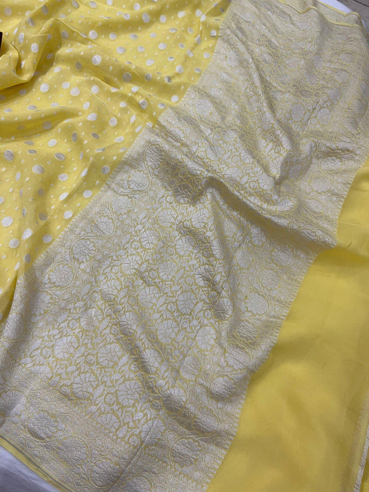 English Yellow Pure Banarasi Khaddi Georgette Saree - Aura Benaras