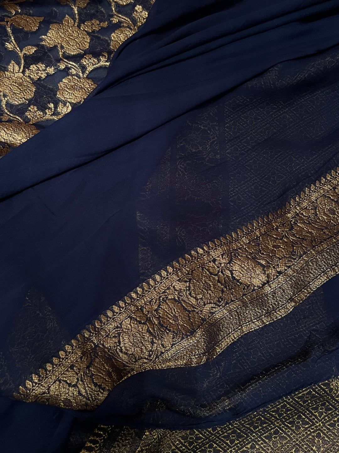 Navy Blue Khaddi Georgette Banarasi Handloom Saree - Aura Benaras