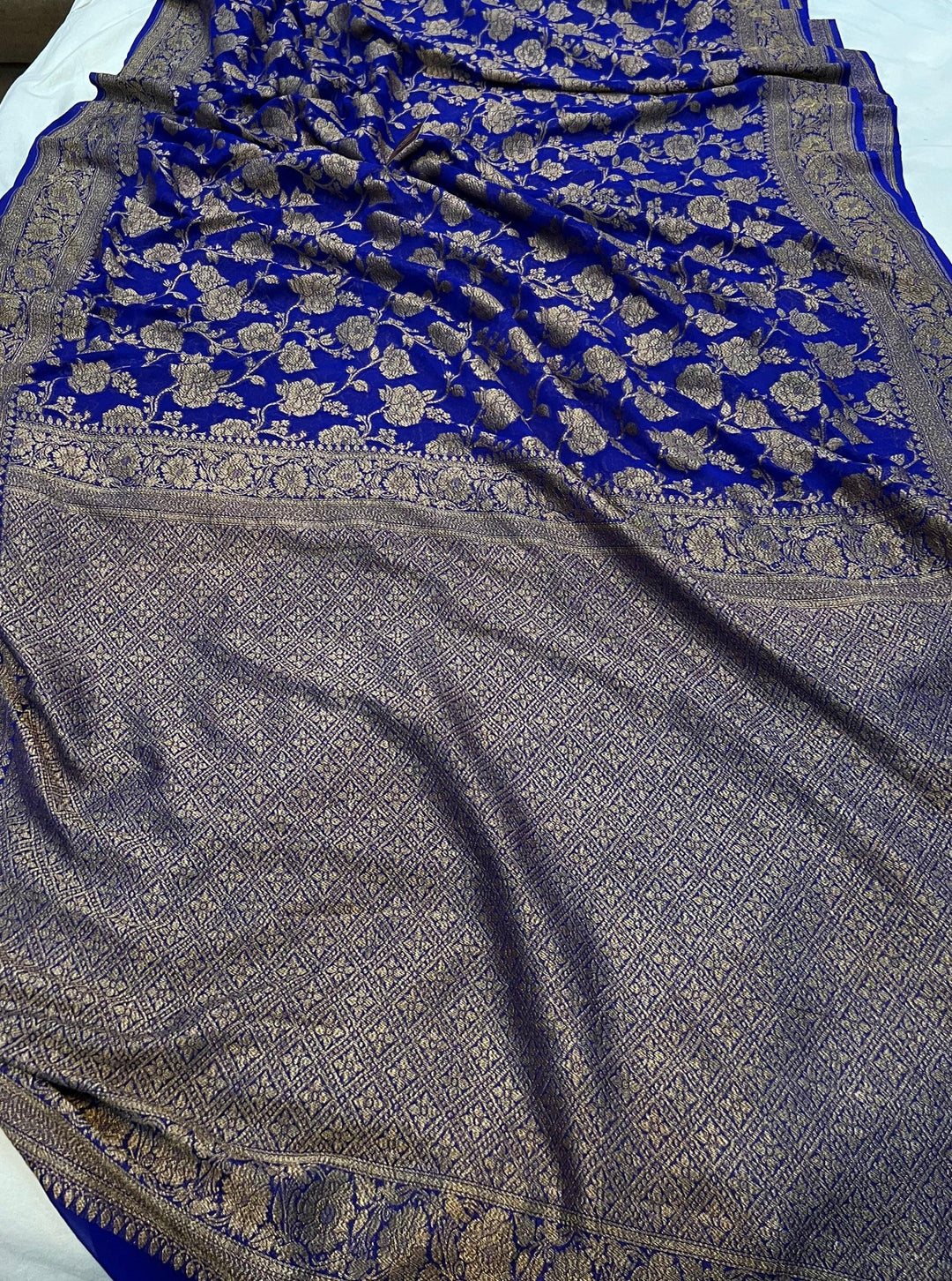 Navy Blue Khaddi Georgette Banarasi Handloom Saree - Aura Benaras