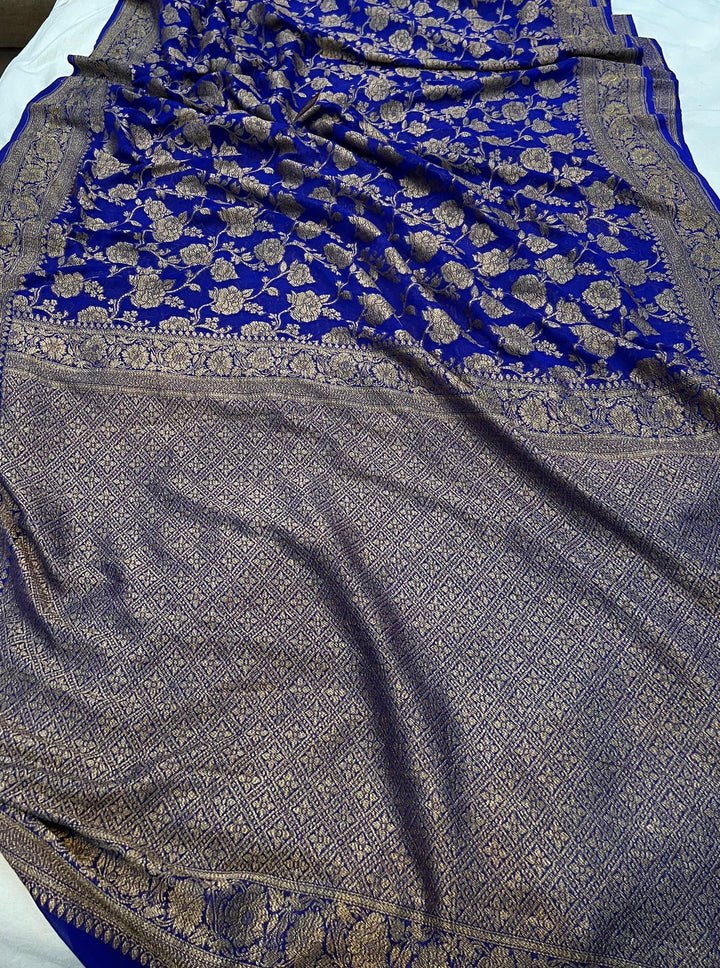 Navy Blue Khaddi Georgette Banarasi Handloom Saree - Aura Benaras