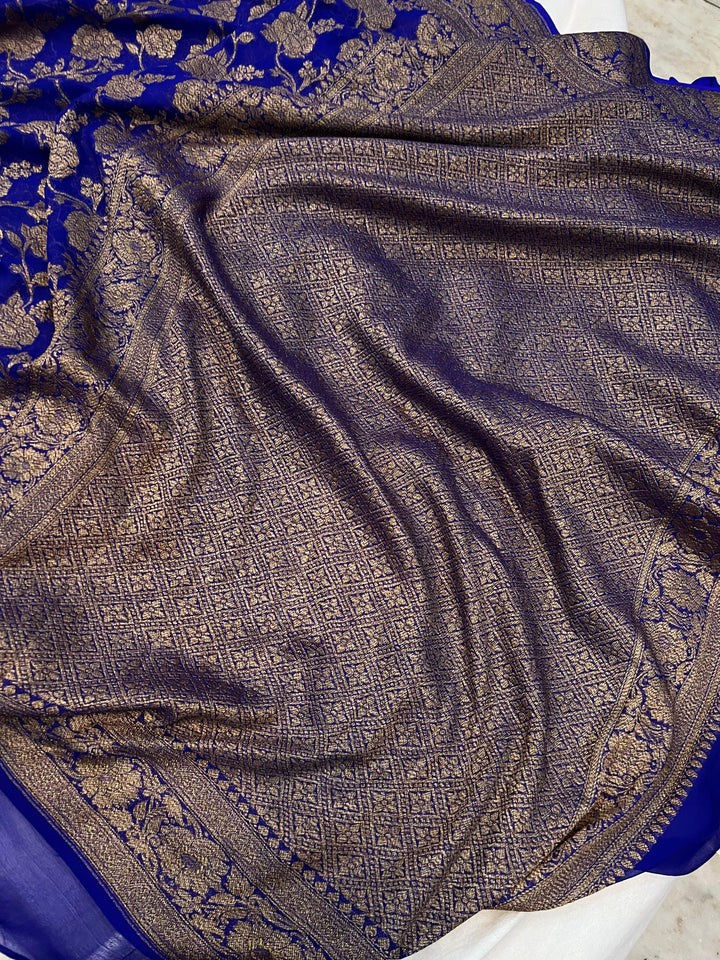 Navy Blue Khaddi Georgette Banarasi Handloom Saree - Aura Benaras