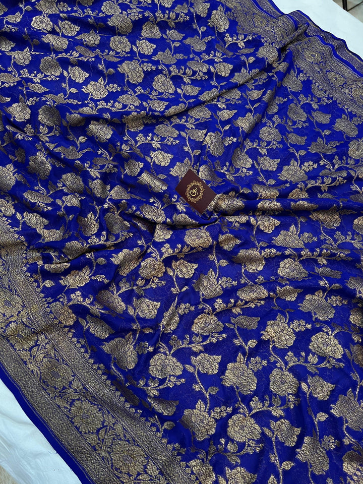 Navy Blue Khaddi Georgette Banarasi Handloom Saree - Aura Benaras