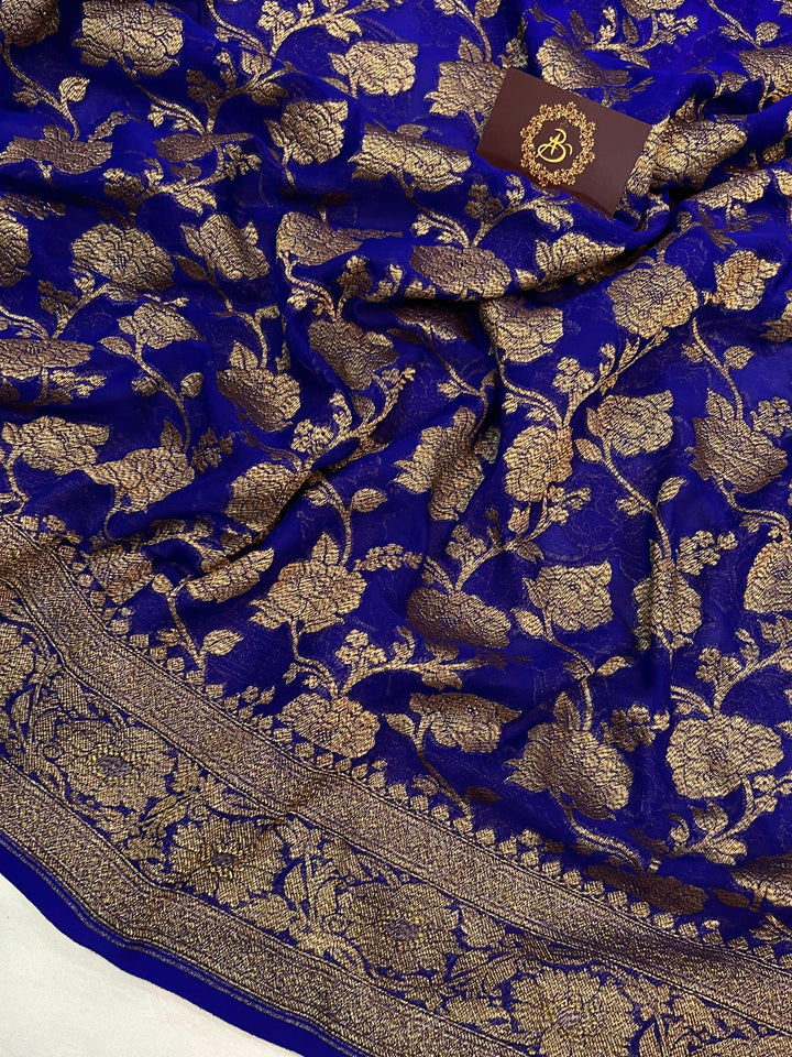 Navy Blue Khaddi Georgette Banarasi Handloom Saree - Aura Benaras