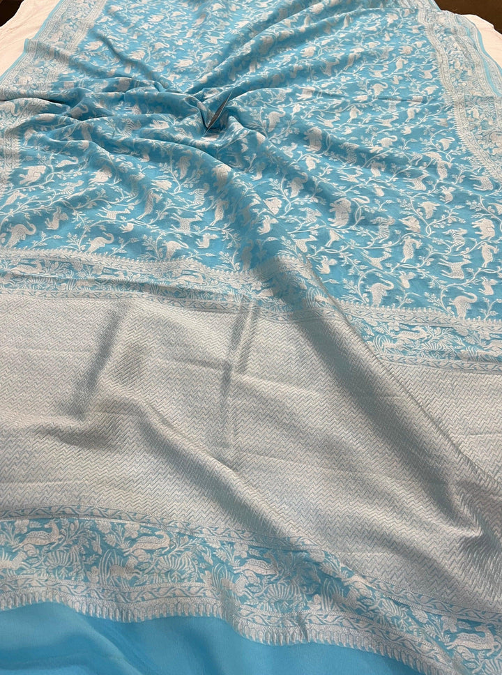 Sky Blue Pure Banarasi Khaddi Georgette Saree- Aura Benaras