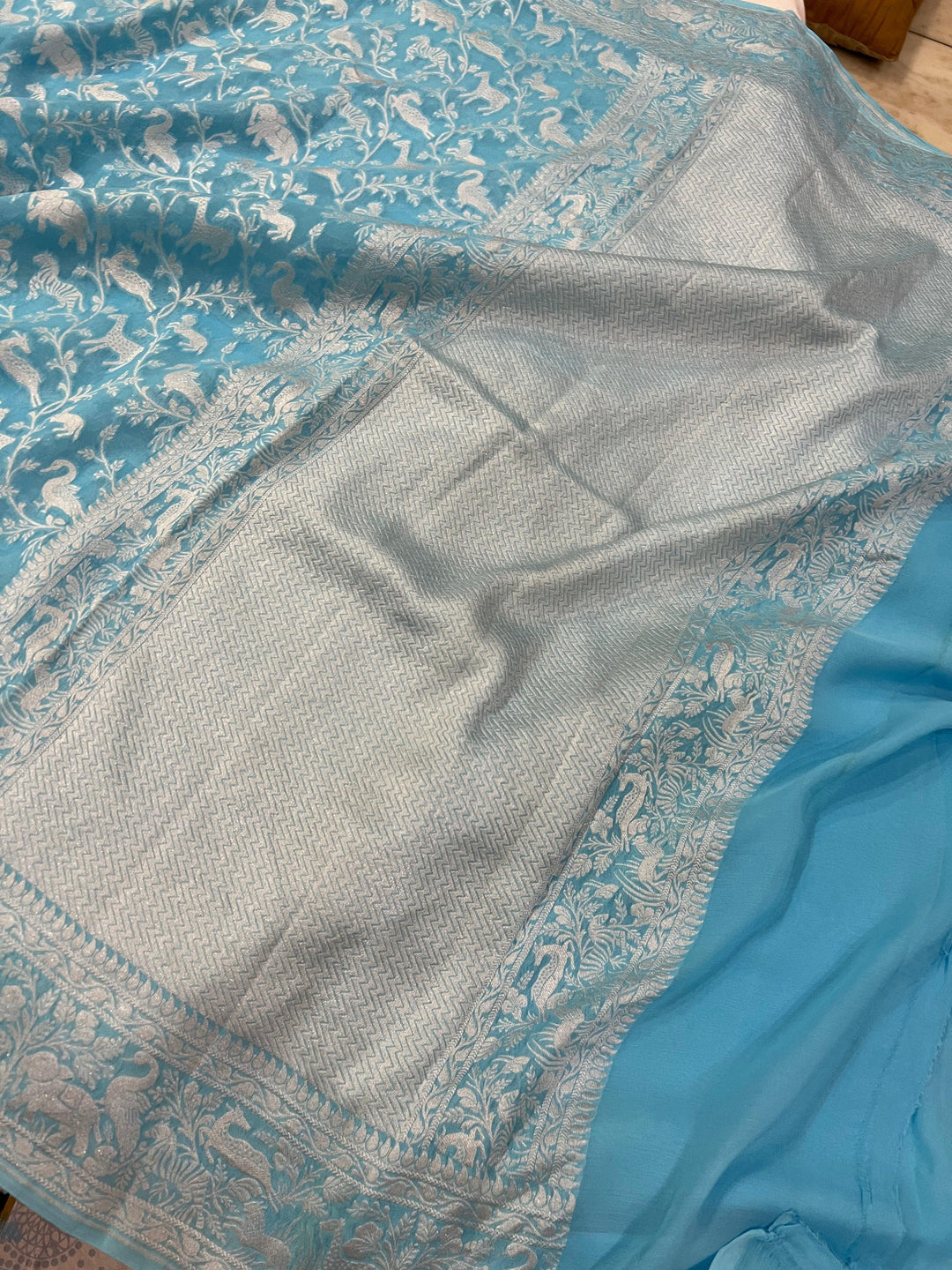 Sky Blue Pure Banarasi Khaddi Georgette Saree- Aura Benaras
