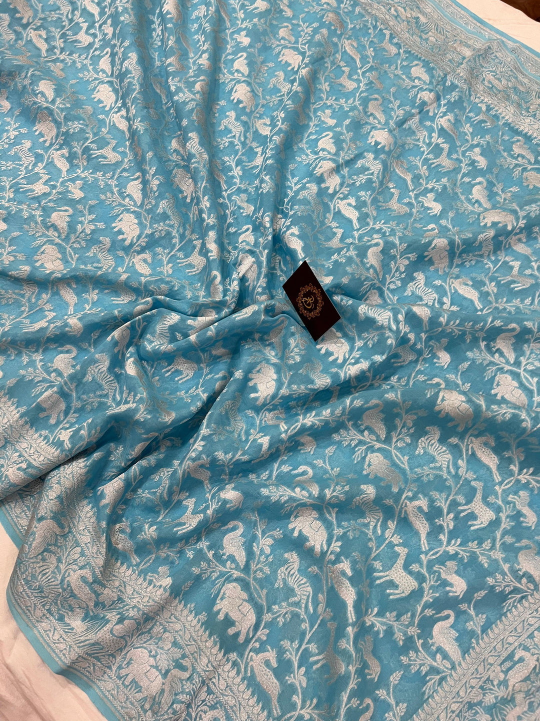 Sky Blue Pure Banarasi Khaddi Georgette Saree- Aura Benaras