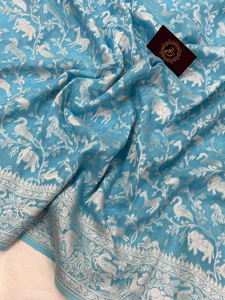 Sky Blue Pure Banarasi Khaddi Georgette Saree- Aura Benaras
