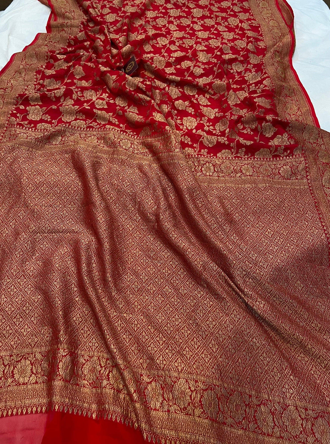 Red Khaddi Georgette Banarasi Handloom Saree - Aura Benaras