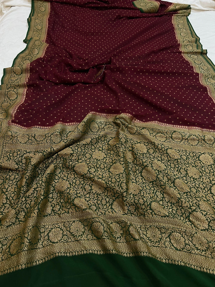 Deep Maroon Pure Banarasi Khaddi Georgette Saree - Aura Benaras