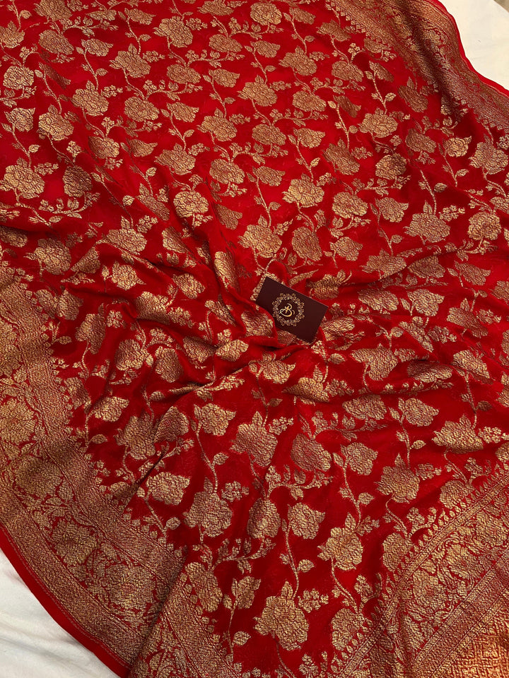 Red Khaddi Georgette Banarasi Handloom Saree - Aura Benaras