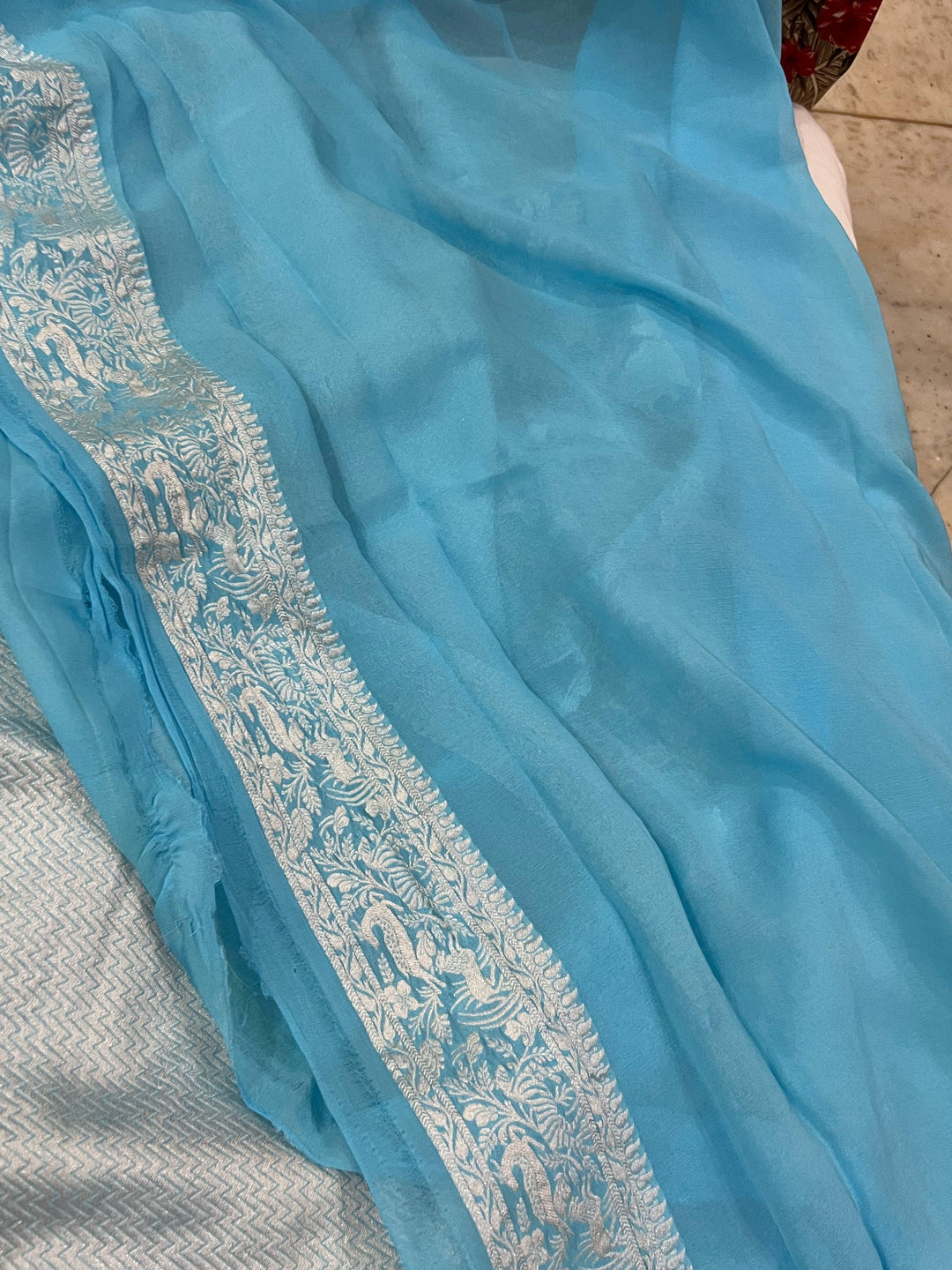 Sky Blue Pure Banarasi Khaddi Georgette Saree- Aura Benaras