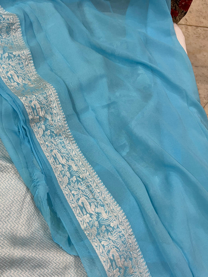 Sky Blue Pure Banarasi Khaddi Georgette Saree- Aura Benaras