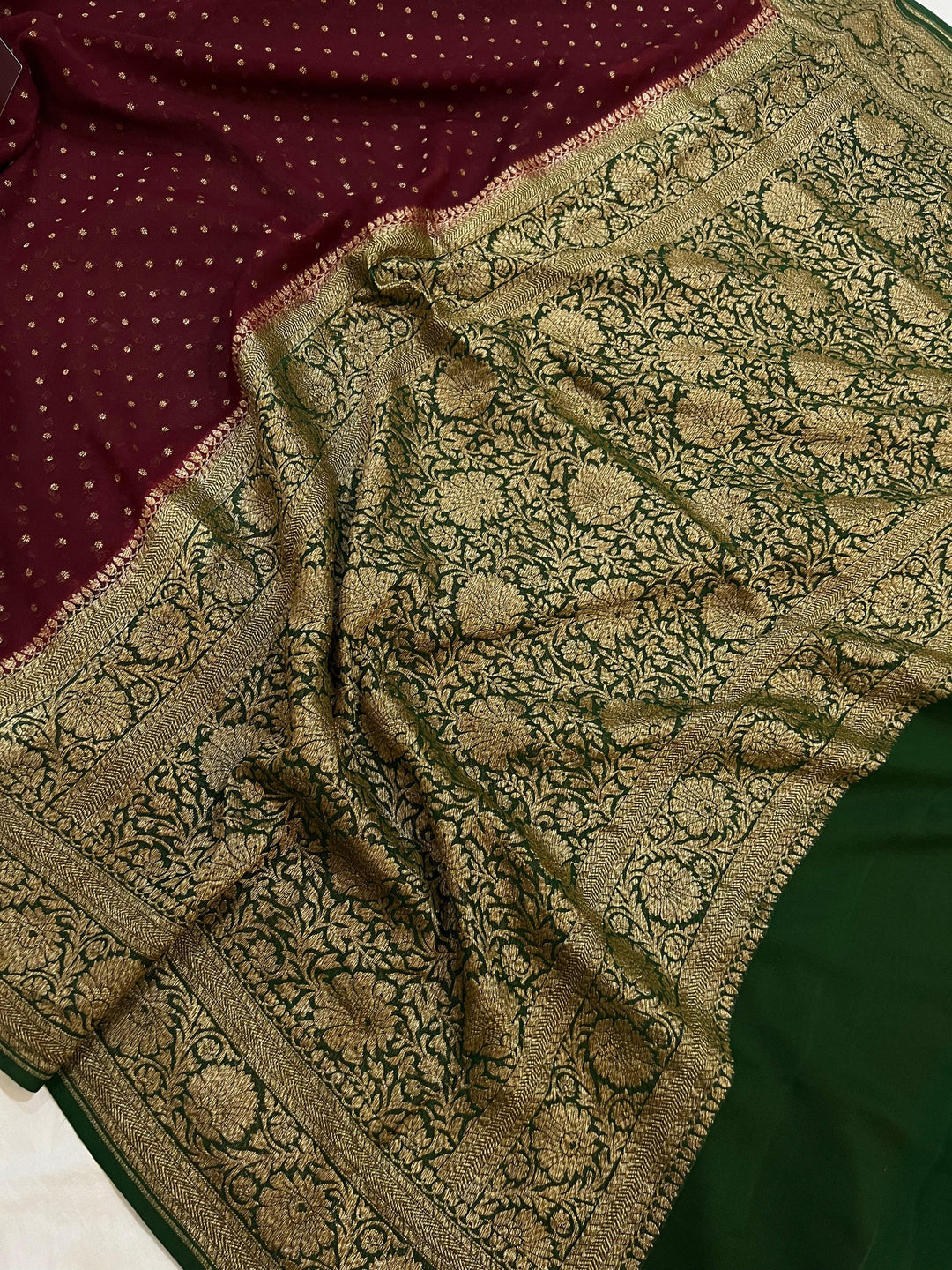 Deep Maroon Pure Banarasi Khaddi Georgette Saree - Aura Benaras