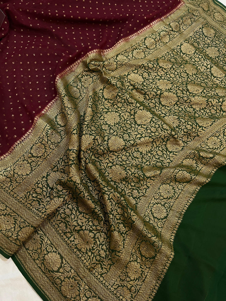 Deep Maroon Pure Banarasi Khaddi Georgette Saree - Aura Benaras