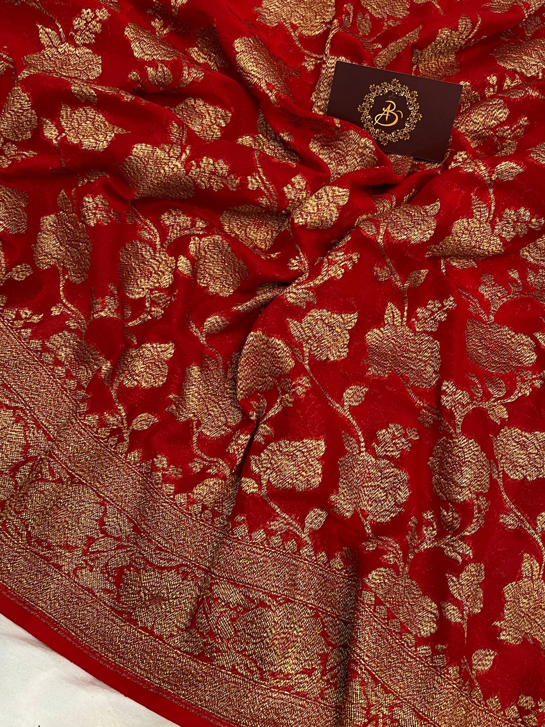 Red Khaddi Georgette Banarasi Handloom Saree - Aura Benaras