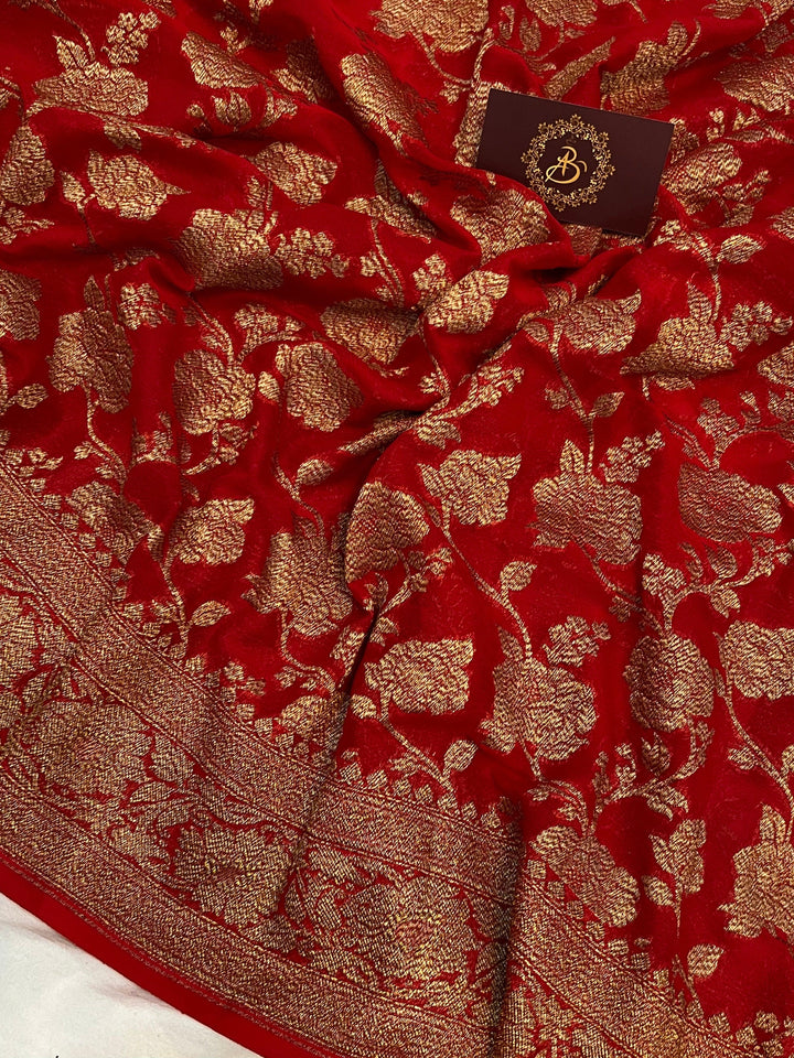 Red Khaddi Georgette Banarasi Handloom Saree - Aura Benaras