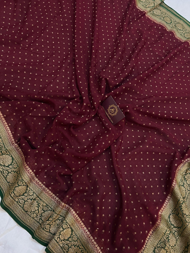 Deep Maroon Pure Banarasi Khaddi Georgette Saree - Aura Benaras