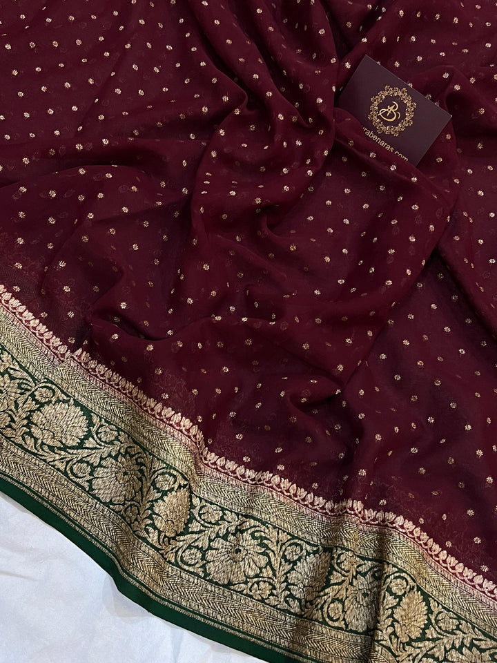 Deep Maroon Pure Banarasi Khaddi Georgette Saree - Aura Benaras