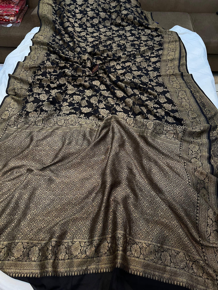 Black Pure Khaddi Georgette Banarasi Handloom Saree - Aura Benaras