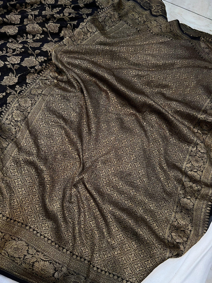 Black Pure Khaddi Georgette Banarasi Handloom Saree - Aura Benaras