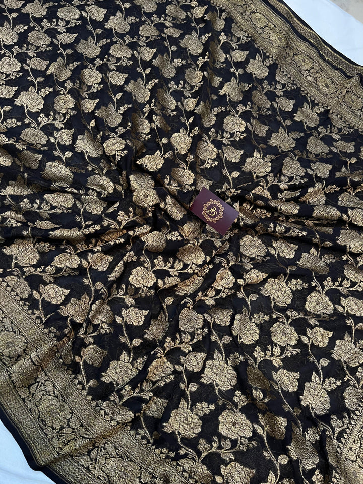 Black Pure Khaddi Georgette Banarasi Handloom Saree - Aura Benaras