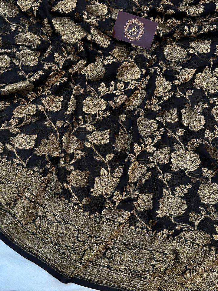 Black Pure Khaddi Georgette Banarasi Handloom Saree - Aura Benaras