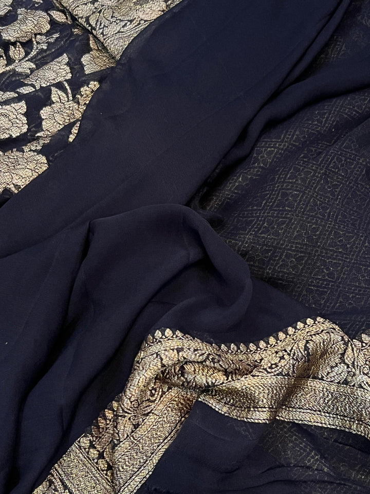 Black Pure Khaddi Georgette Banarasi Handloom Saree - Aura Benaras