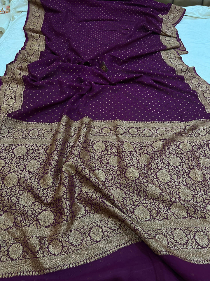 Wine Pure Banarasi Khaddi Georgette Saree - Aura Benaras