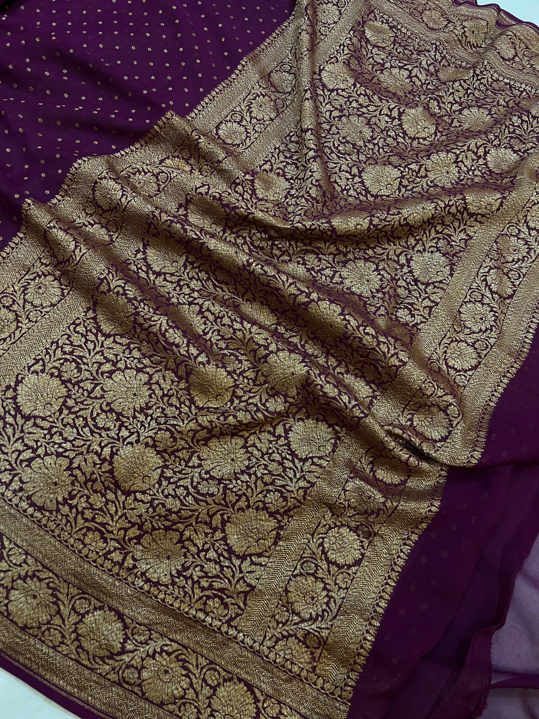 Wine Pure Banarasi Khaddi Georgette Saree - Aura Benaras