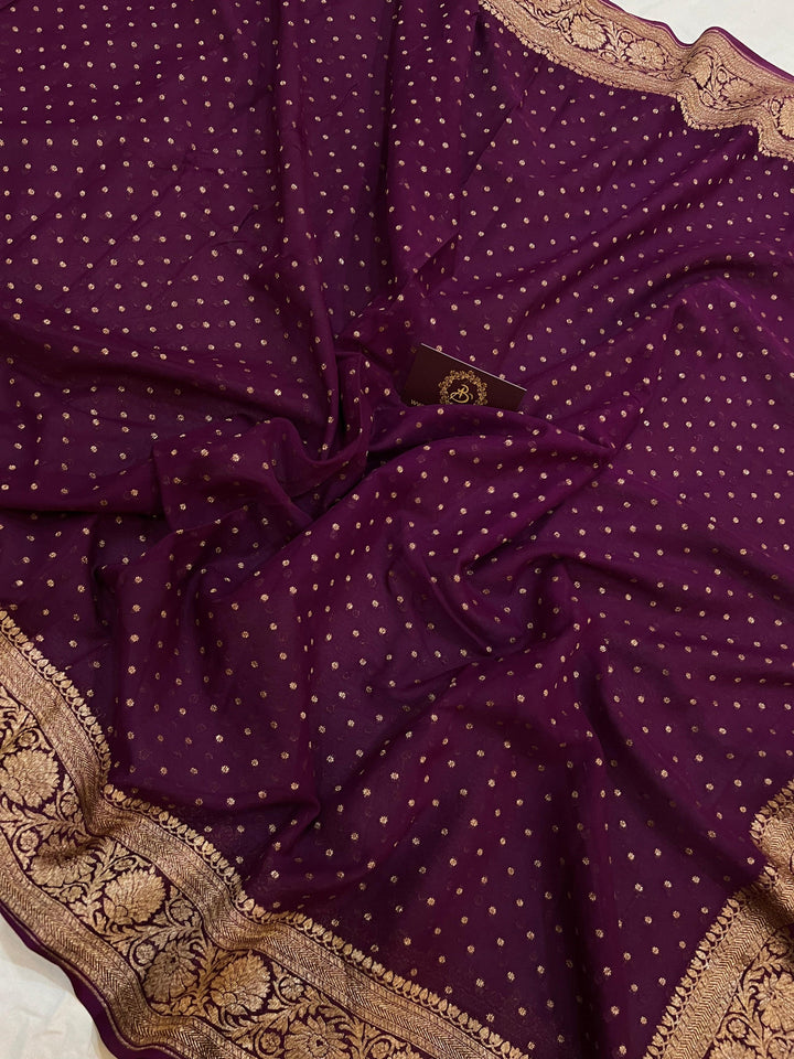 Wine Pure Banarasi Khaddi Georgette Saree - Aura Benaras
