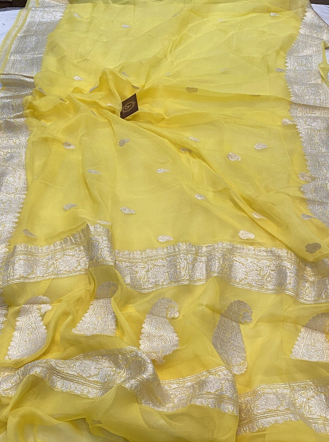 Yellow Banarasi Handloom Pure Georgette Silk Saree - Aura Benaras