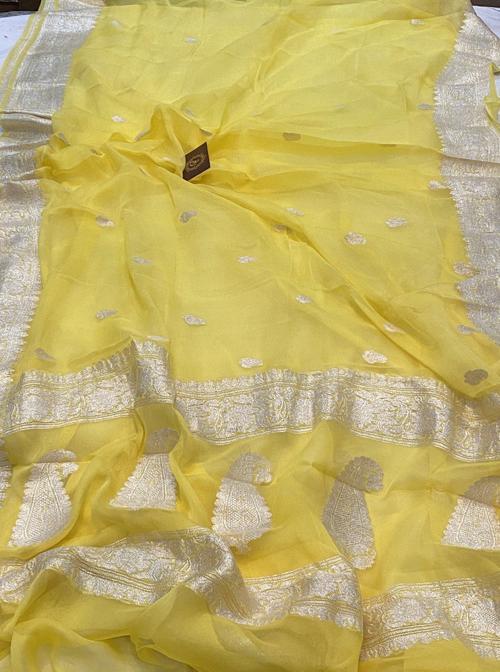 Yellow Banarasi Handloom Pure Georgette Silk Saree - Aura Benaras