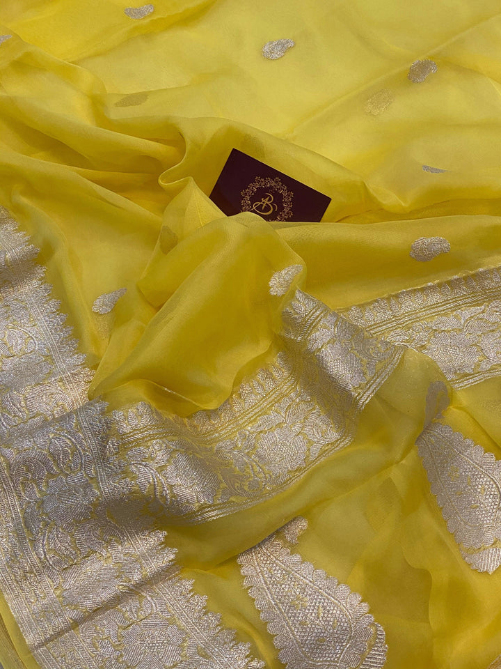 Yellow Banarasi Handloom Pure Georgette Silk Saree - Aura Benaras